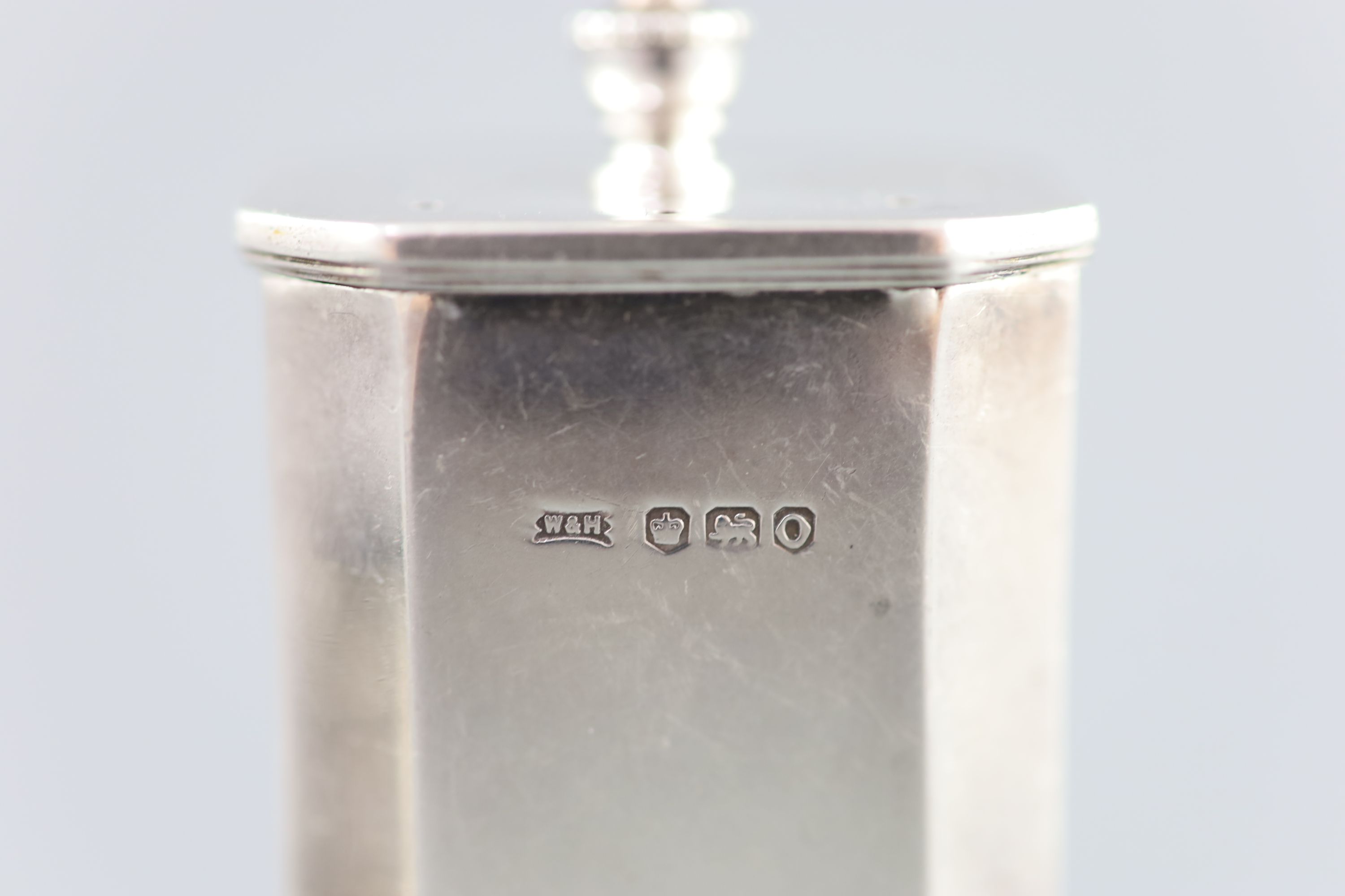 Royal Interest - a three piece silver cruet set, engraved with Queen Elizabeth II Cypher, Walker & Hall 1956?